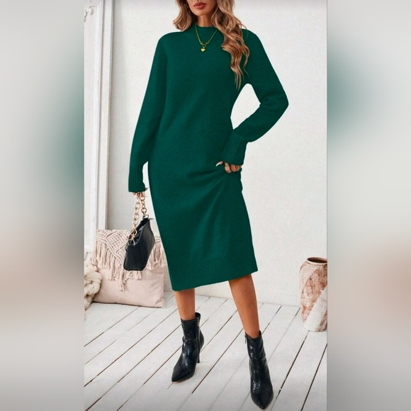 New Chic Oversized Knit Sweater Midi Dress Dark Green - Picture 3 of 10